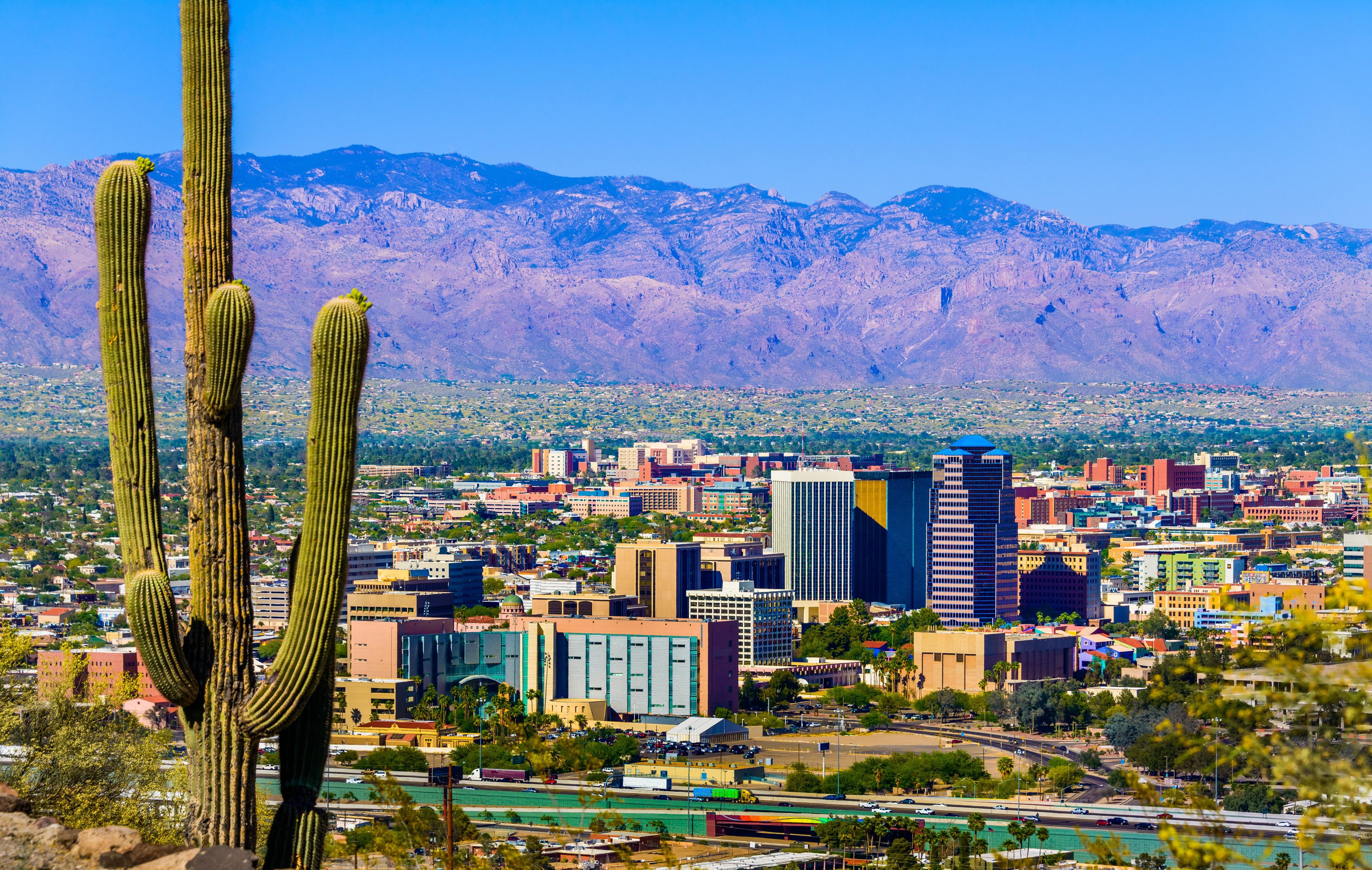 Downtown Tucson cityscape framed by saguaro cacti in foreground and Santa Catalina Mountains in background under blue sky