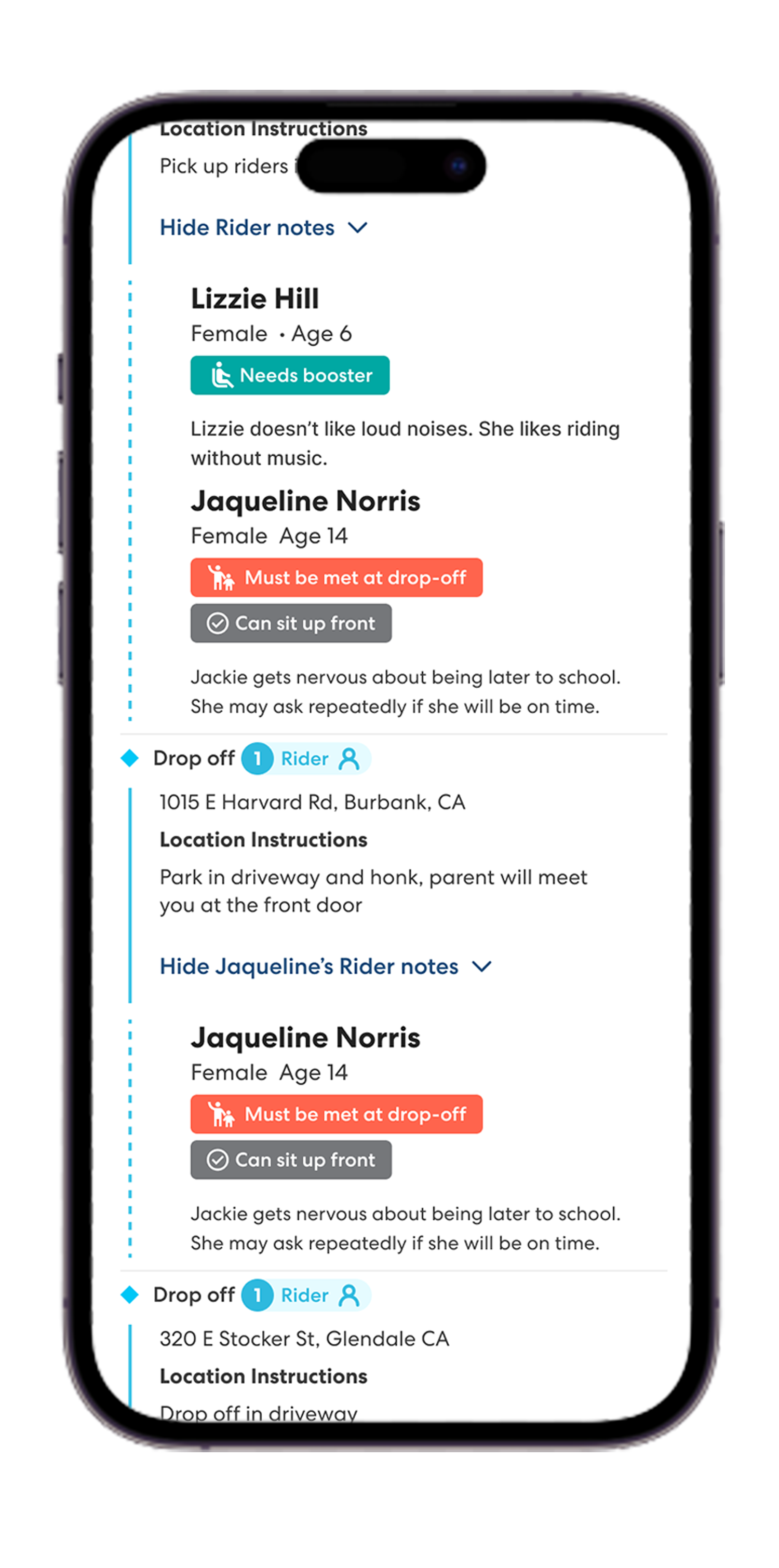 Mobile app interface showing rider profiles and drop-off instructions for student transportation service