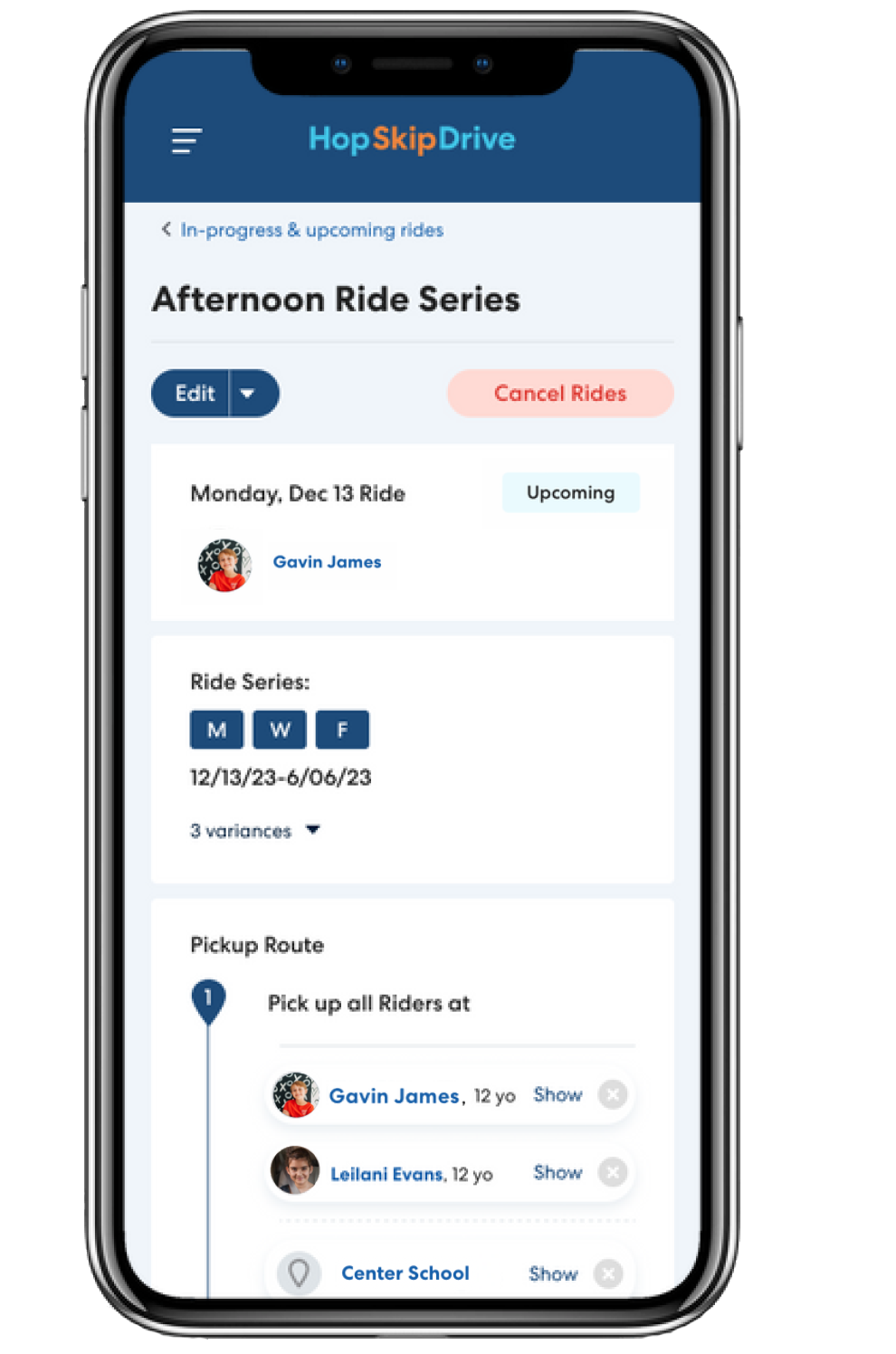 Mobile app interface showing an Afternoon Ride Series schedule with pickup route details and rider information