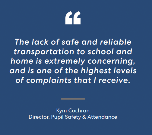 Quote about school transportation safety concerns on dark blue background, attributed to Director of Pupil Safety & Attendance