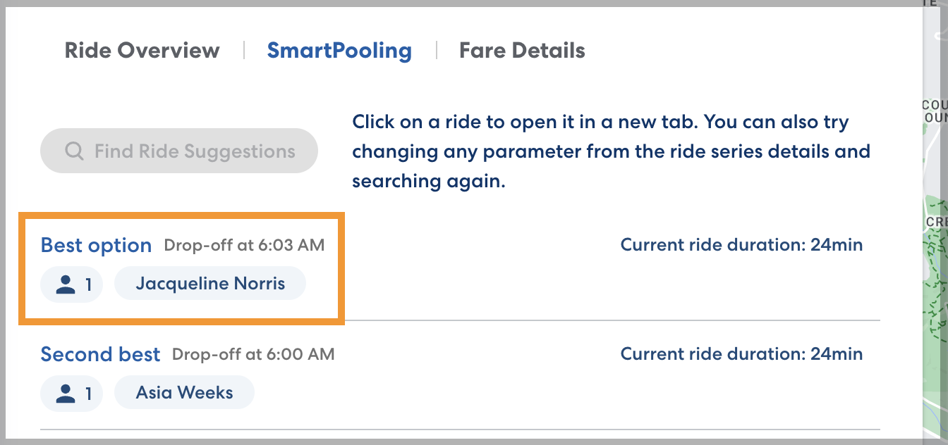 Ride-sharing interface showing two carpooling options with drop-off times of 6:03 AM and 6:00 AM, each with one passenger