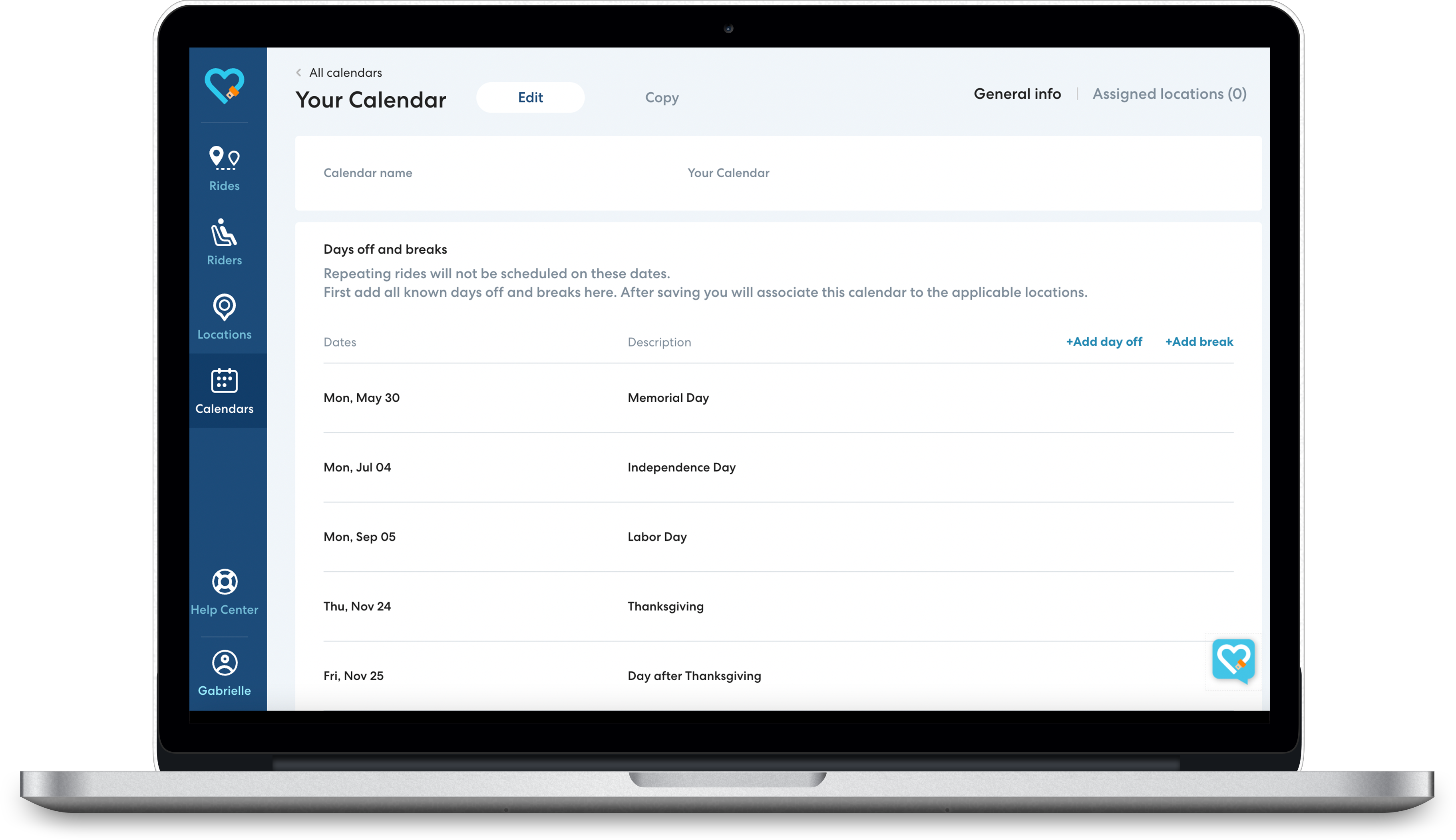 Screenshot of a calendar management interface showing US holidays and days off, with a navigation sidebar and holiday schedule list