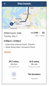 Mobile app screen showing ride details with map route, distance of 29.7 miles, estimated cost $45, and duration of 46 minutes