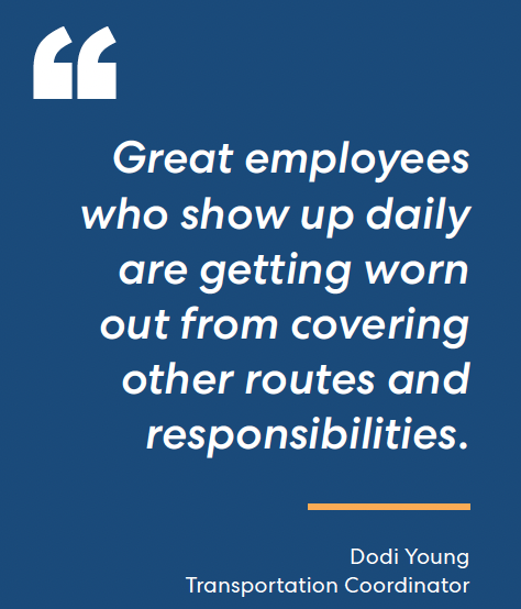 Quote about employee burnout from transportation coordinator on blue background with white text and orange accent line