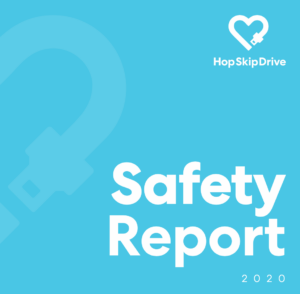 Blue cover page of HopSkipDrive's 2020 Safety Report featuring the company logo and white text against a turquoise background