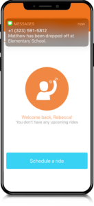 Mobile phone screen showing an orange circular icon with a waving figure and a schedule visit button