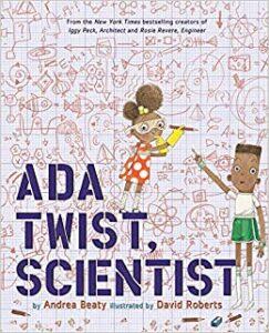 Children's book cover showing a young girl with curly hair and polka dot dress conducting experiments, surrounded by scientific doodles
