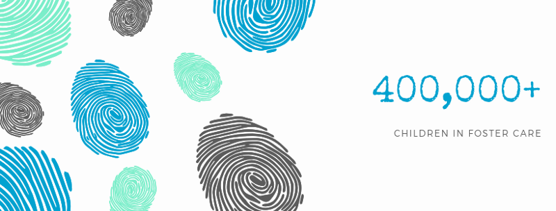 Artistic design with scattered fingerprints in blue, mint green, and grey colors, with text stating '400,000+ children in foster care'