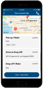 Smartphone screen showing a rideshare driver app interface with Los Angeles map and ride pickup/dropoff details