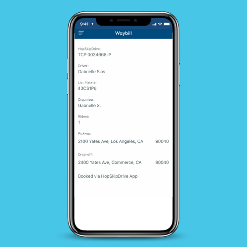 Screenshot of HopSkipDrive app's waybill screen showing trip details including pickup and drop-off locations in Los Angeles area