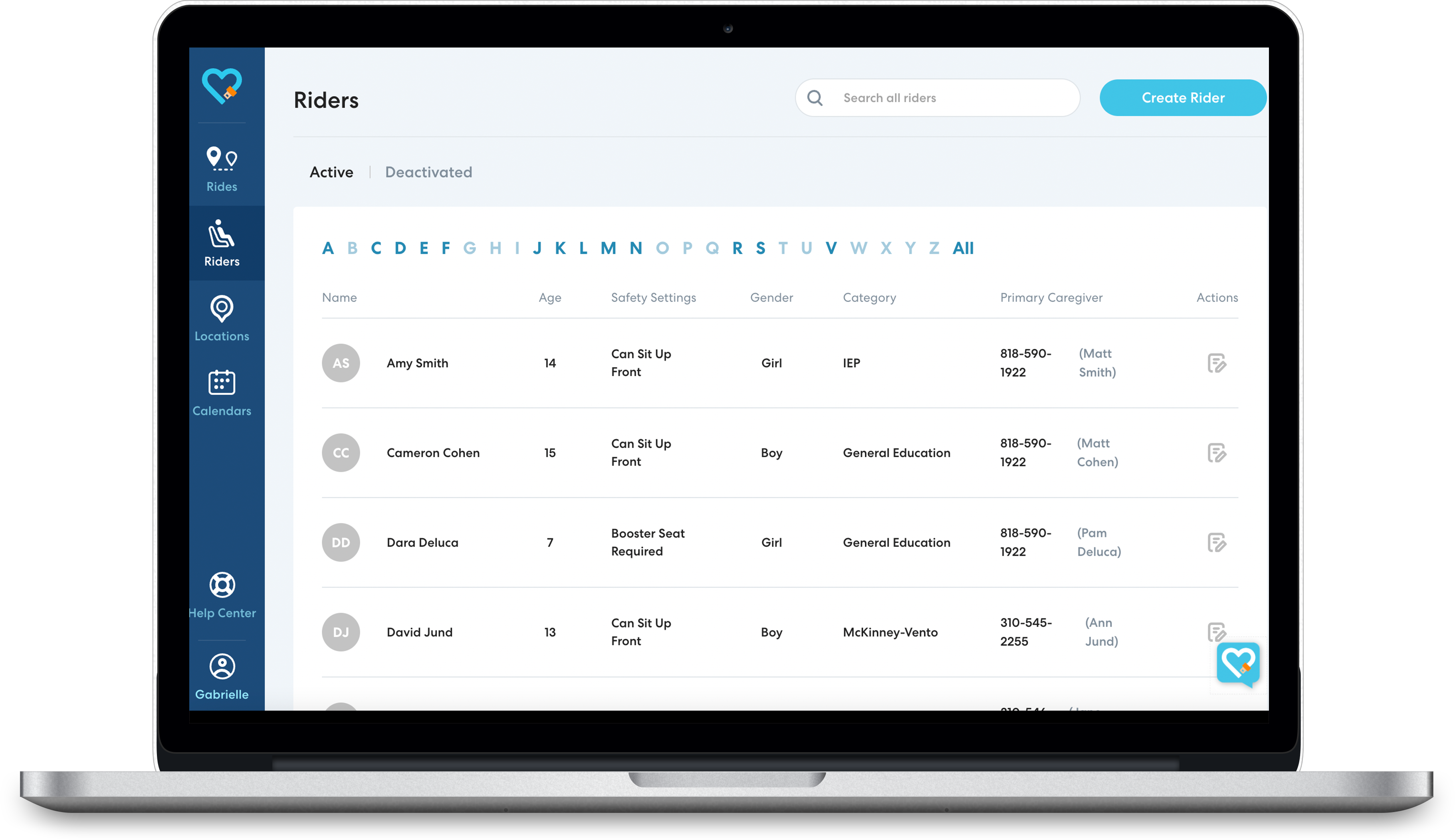 School transportation management interface showing student rider list with details like age, safety settings, and primary caregiver contact