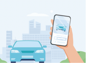 Hand holding smartphone with car sharing app interface, with blue car and city skyline in background