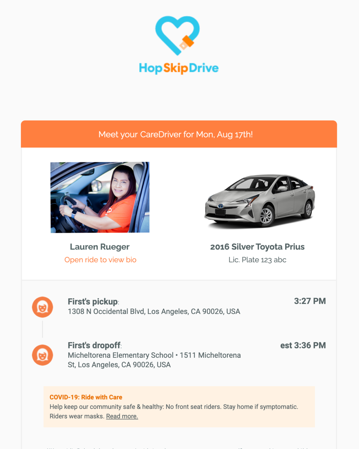 HopSkipDrive ride booking details showing driver info, vehicle details, pickup/dropoff locations, and COVID-19 safety guidelines