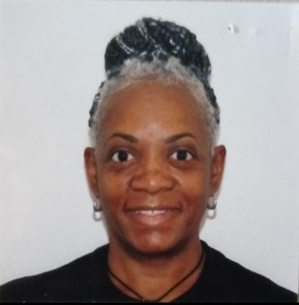 Professional headshot of a person with silver hair in updo hairstyle, wearing a black shirt and small earrings, smiling warmly