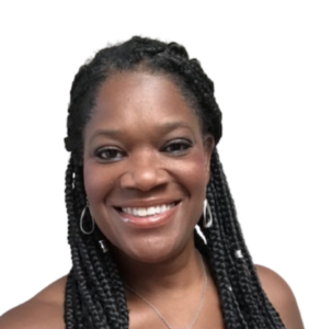 Professional headshot of a woman with braided hair wearing a black top, showing a warm, genuine smile
