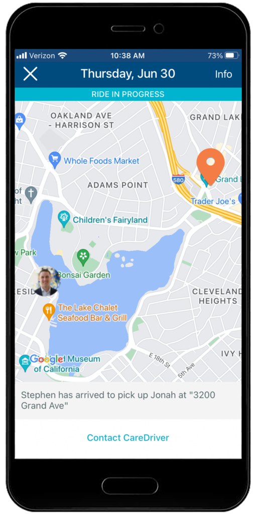 Mobile app screen showing a map of Oakland's Adams Point area with ride pickup location and various landmarks like Whole Foods and Lake Merritt