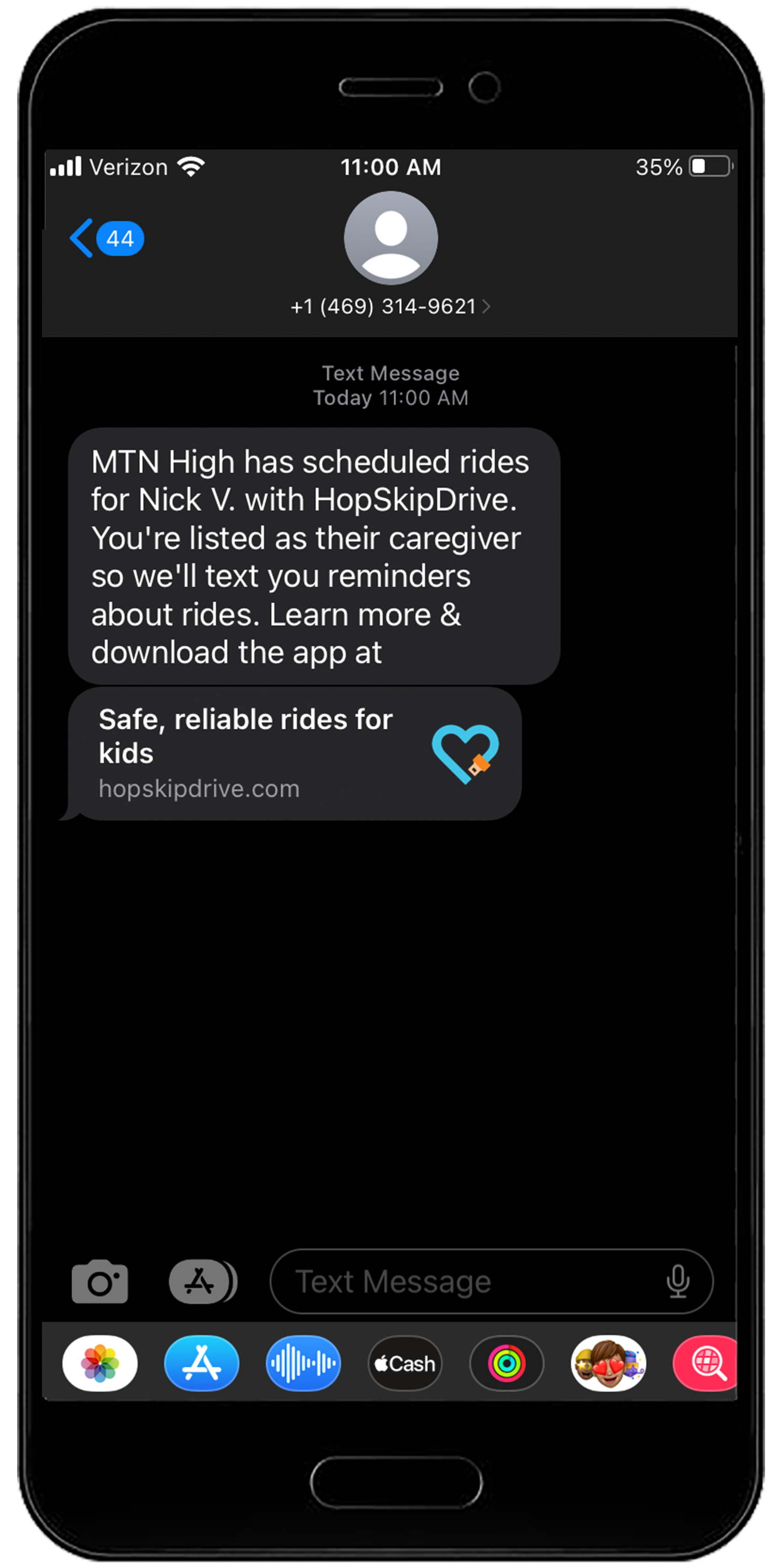 iPhone text message screen showing HopSkipDrive service notification and appointment confirmation in dark mode
