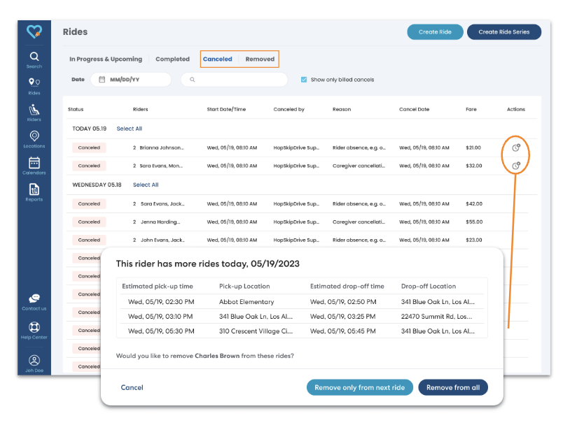 Transportation management interface showing cancelled rides list and a modal window for removing upcoming rides