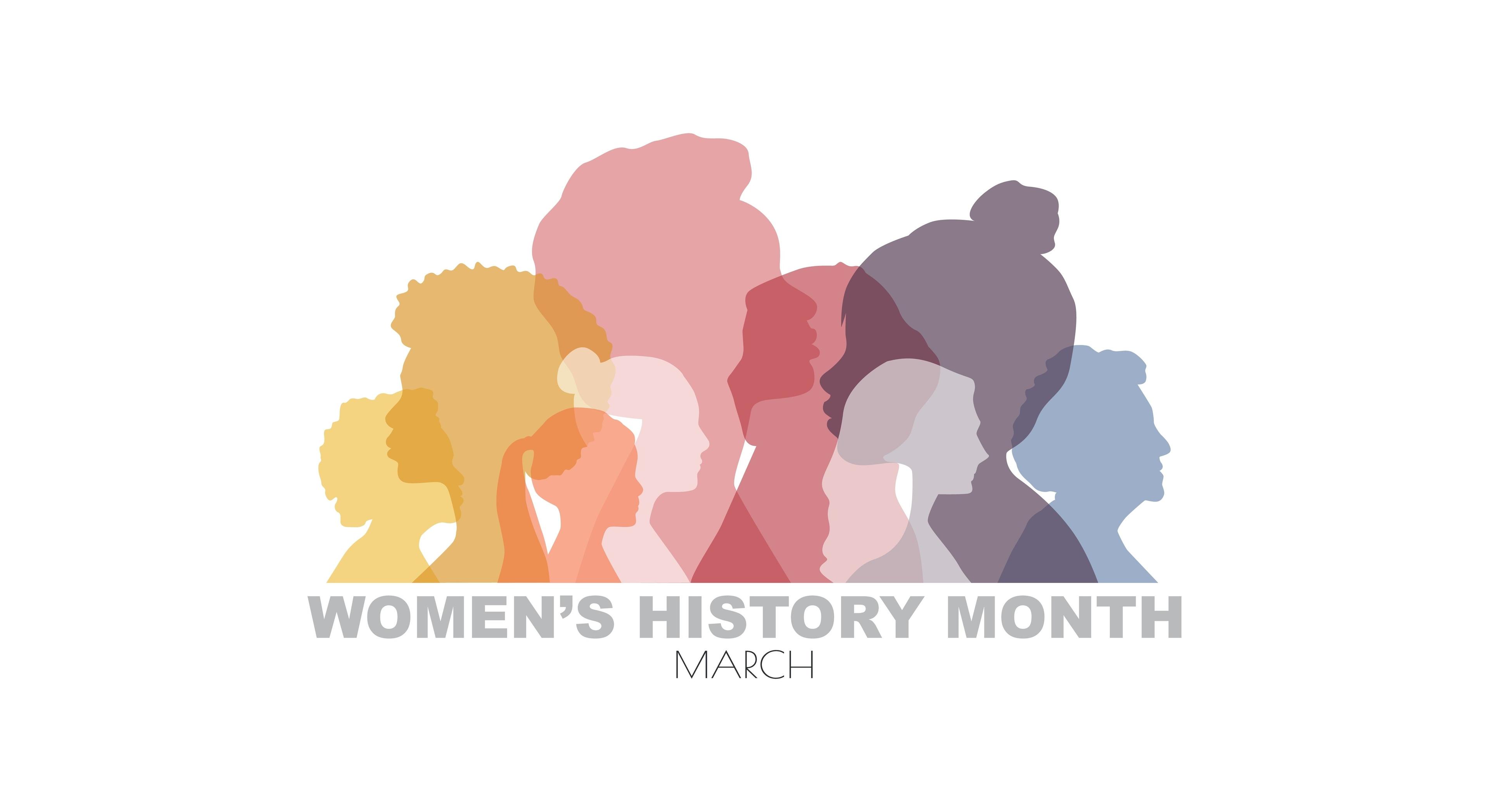 Colorful overlapping silhouettes of diverse women in profile, arranged horizontally above 'Women's History Month March' text