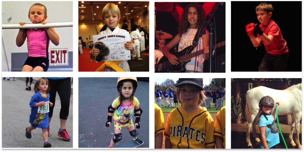 Collage of eight photos showing children participating in various sports and activities like gymnastics, karate, music, and baseball