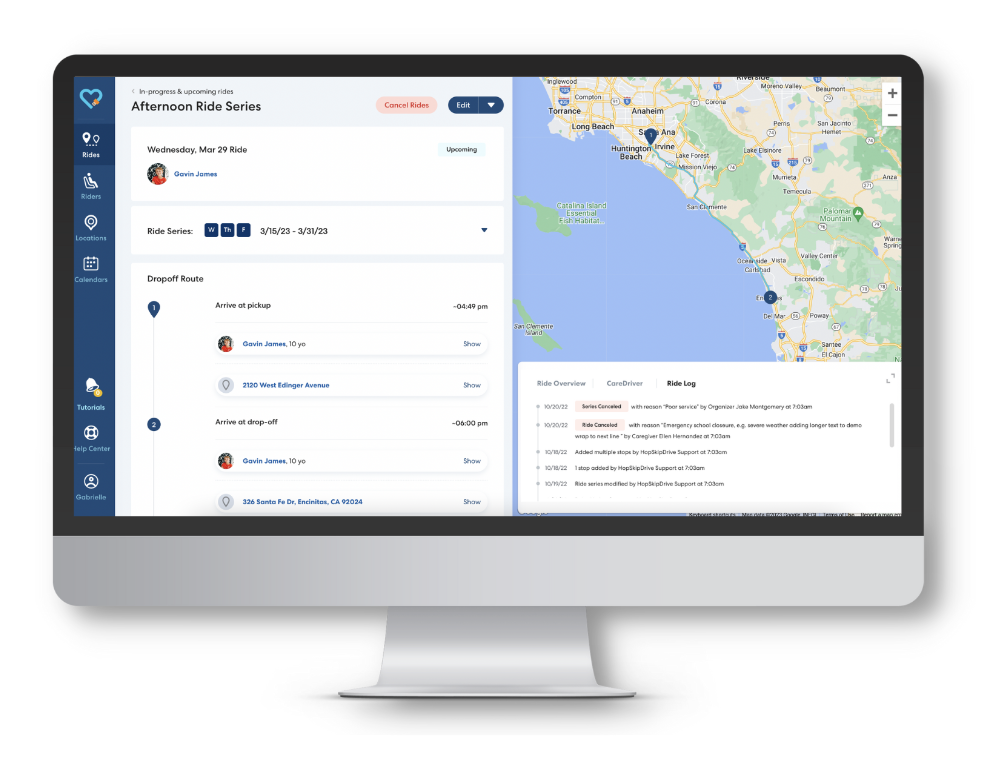 Desktop view of a transportation management platform showing ride details, map interface, and scheduling information