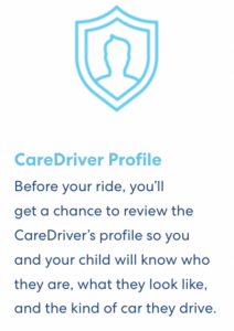 Blue shield icon with silhouette and text explaining CareDriver profile preview feature for ride safety