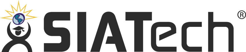 SIATech logo with graduation cap and globe icon, featuring black text and yellow sunburst design