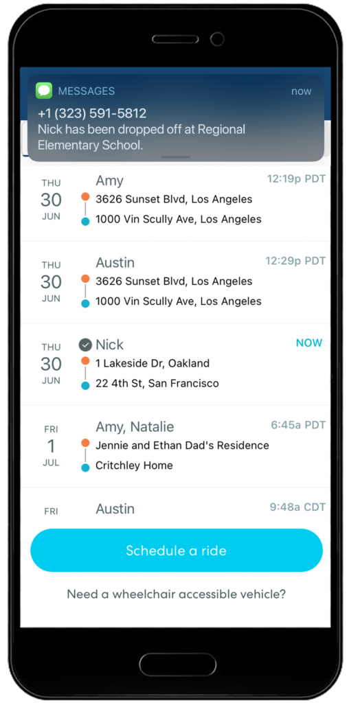 Mobile app interface showing scheduled rides with pickup/dropoff locations, timestamps, and user notifications for a ride-sharing service
