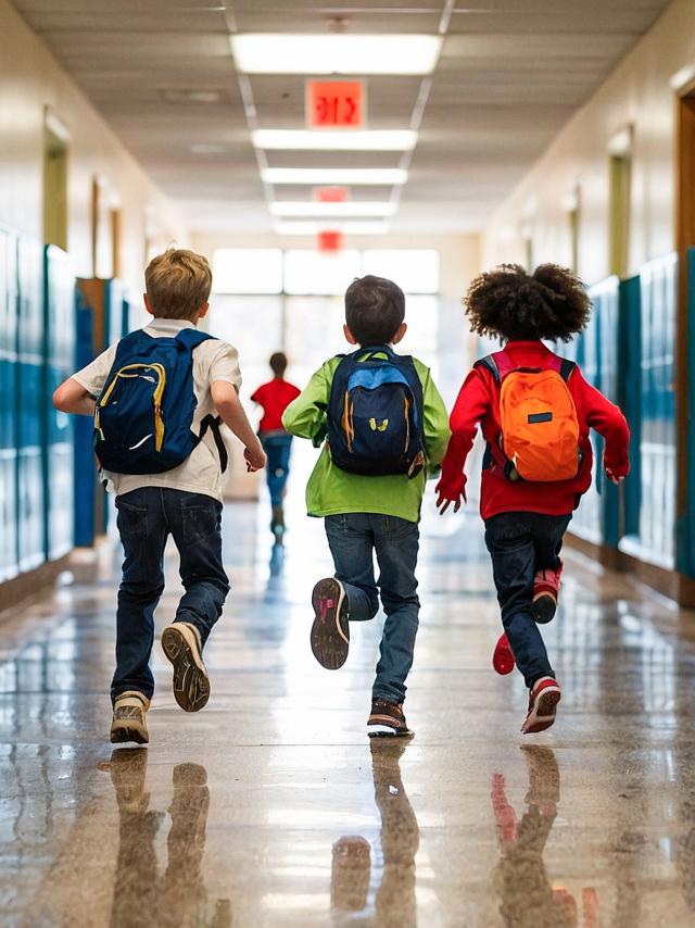 Three elementary school students with backpacks running down a bright school hallway, viewed from behind
