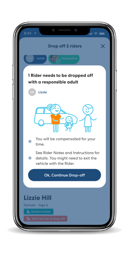 Mobile app interface showing child rider drop-off instructions with blue icons of a van, child, and adult figure