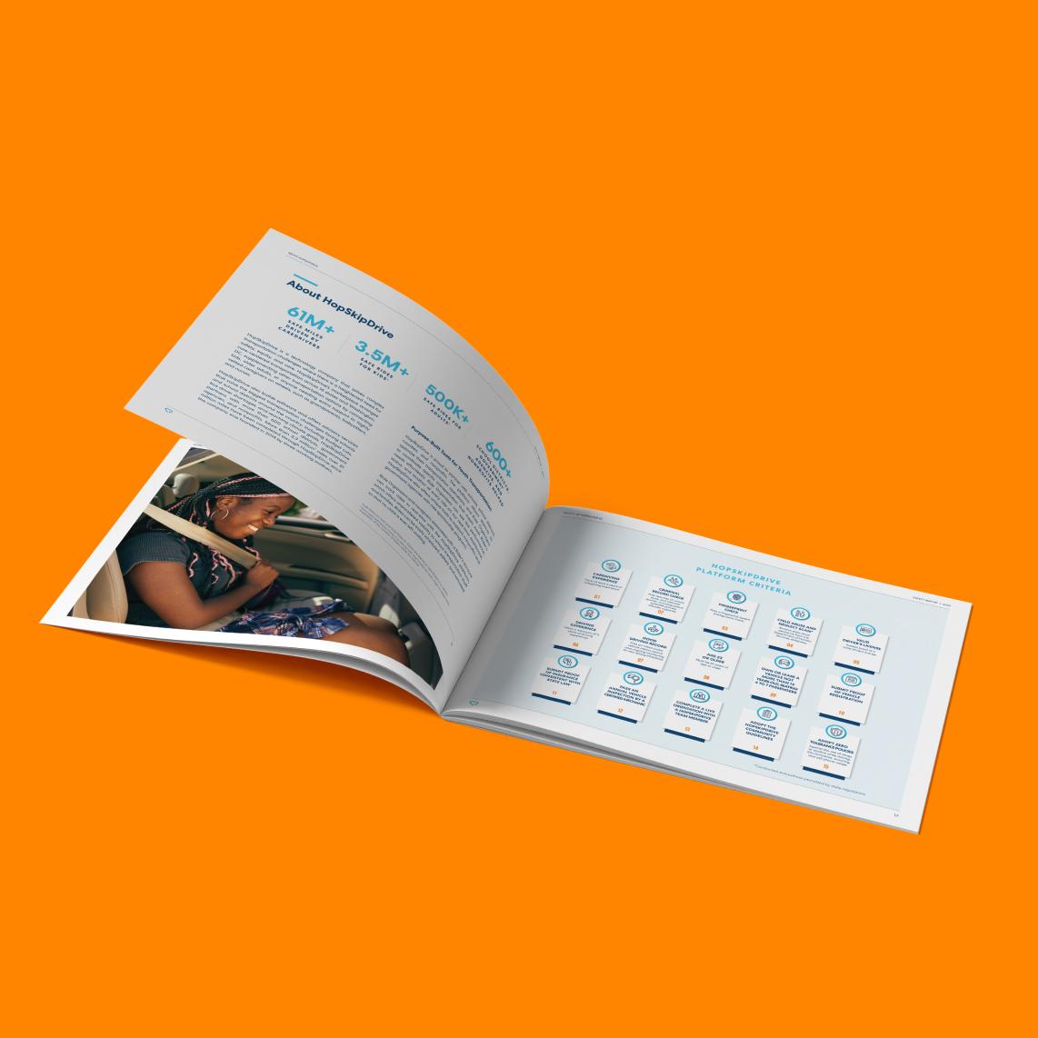Open business report showing statistics and platform criteria layout with infographic icons, displayed on vibrant orange background