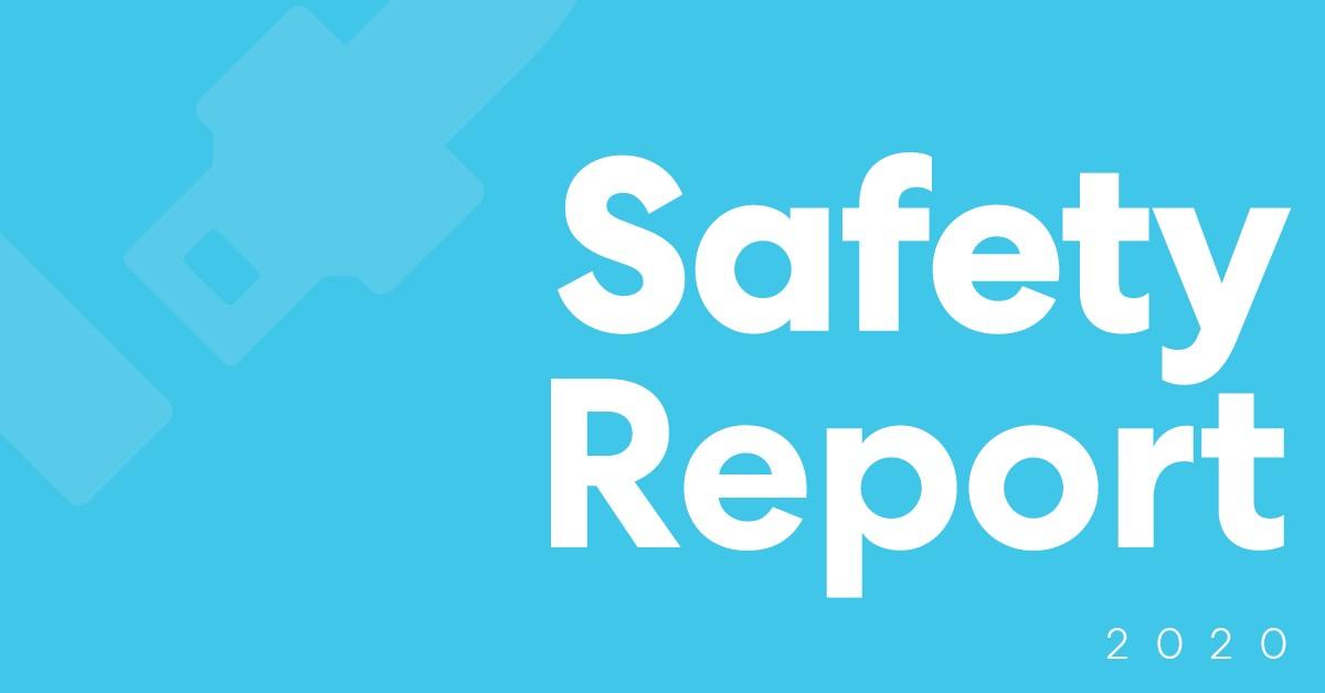 Text reading 'Safety Report 2020' in white letters on a light blue background with a faint key icon watermark