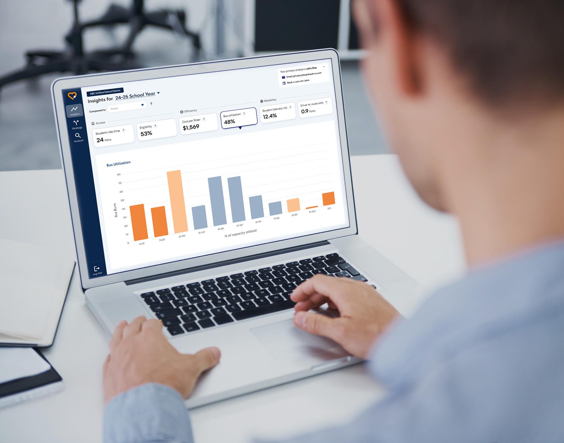 Someone looking at a laptop showing a bar chart and other information