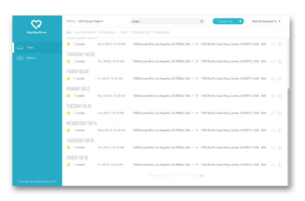 Calendar view of scheduled rides showing multiple trips between Sunset Blvd and Pacific Coast Hwy from August 7-16