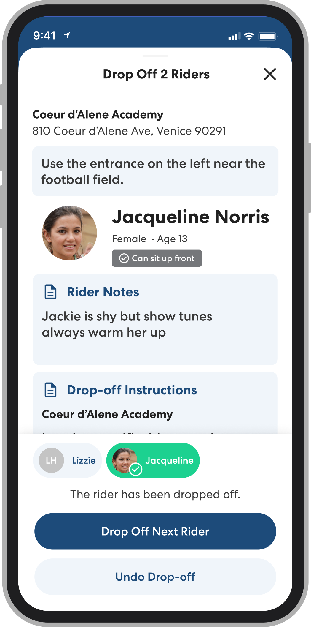 Mobile app interface showing rider drop-off confirmation screen with location details, rider profile, and drop-off status
