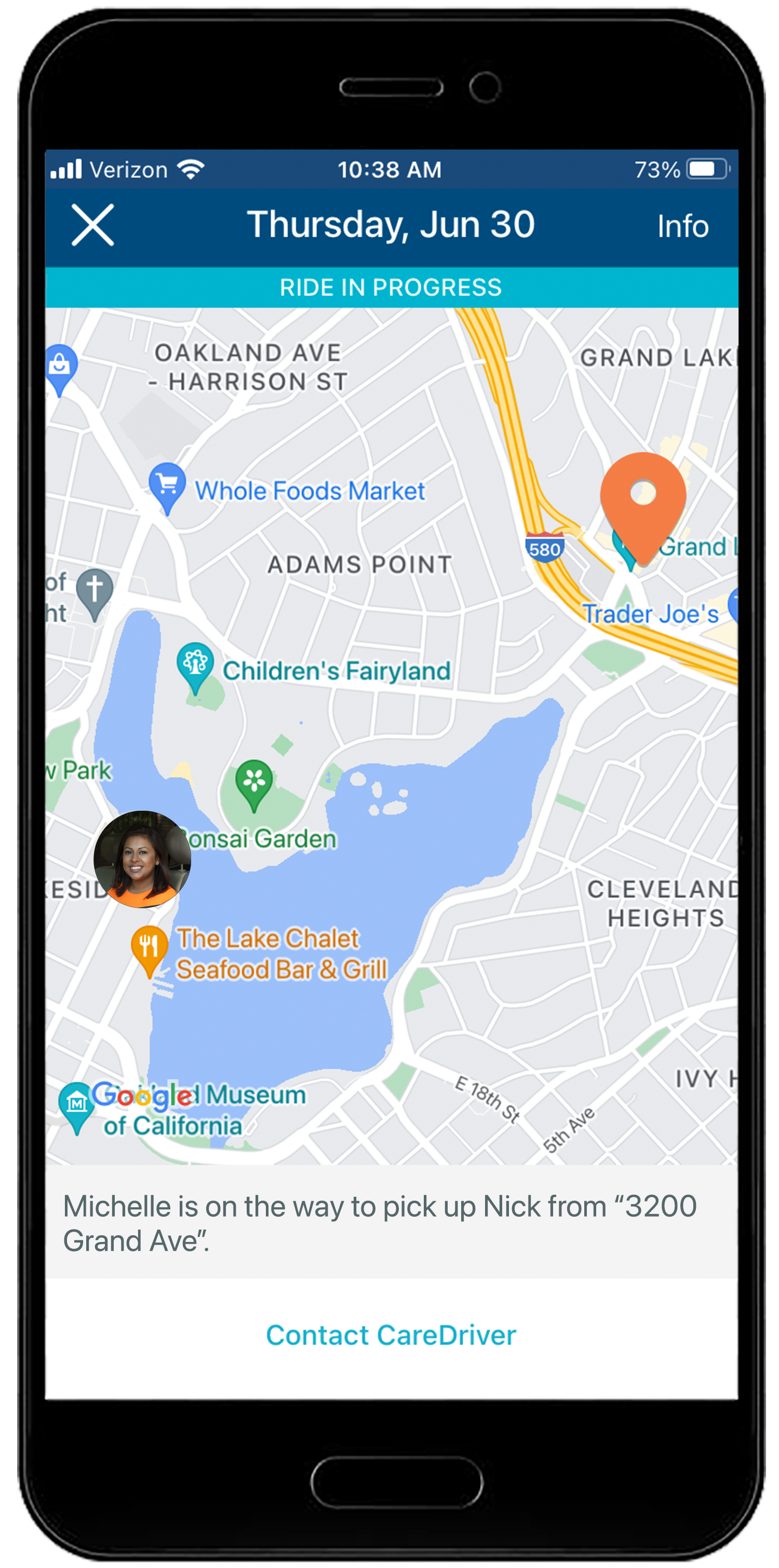 Mobile app map view showing ride in progress around Lake Merritt in Oakland, with various landmarks and destination at Grand Ave