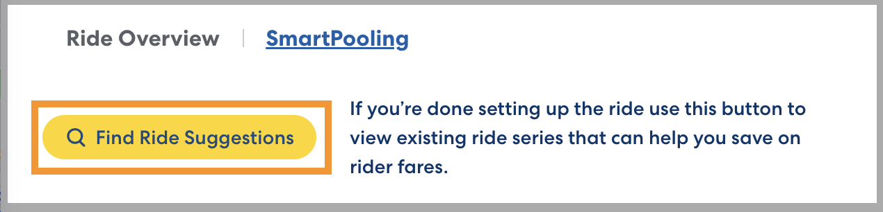 Yellow 'Find Ride Suggestions' button with search icon and explanatory text for SmartPooling ride search feature