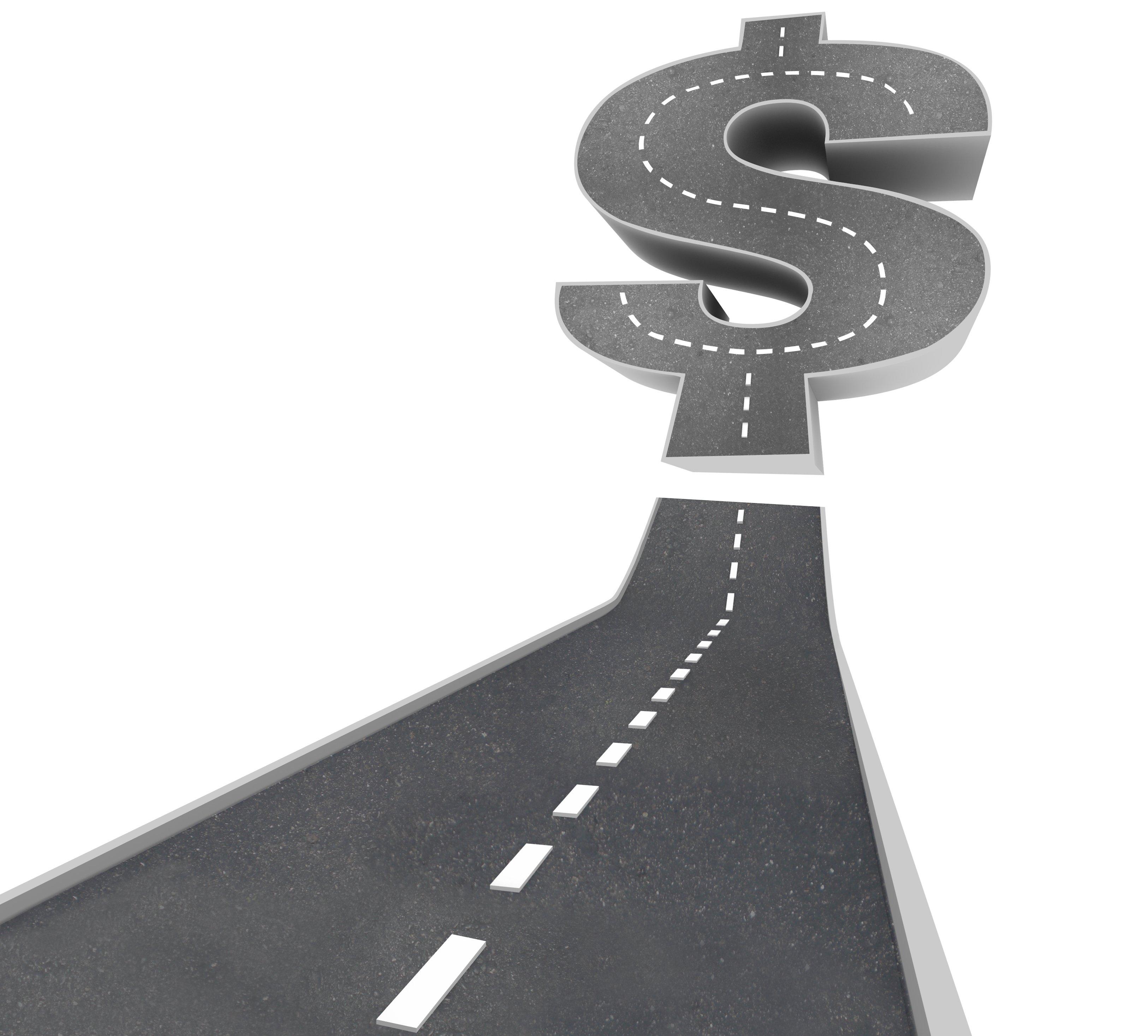 3D illustration of a road leading to a large dollar sign symbol, representing the path to financial success