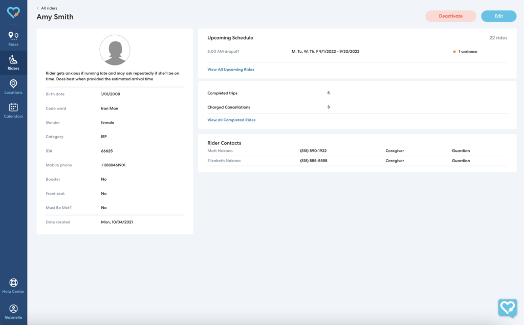 Transportation management system interface showing student rider details, schedule, and contact information