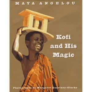 Book cover showing a joyful young boy in orange clothing balancing a small wooden structure on his head against a brown background