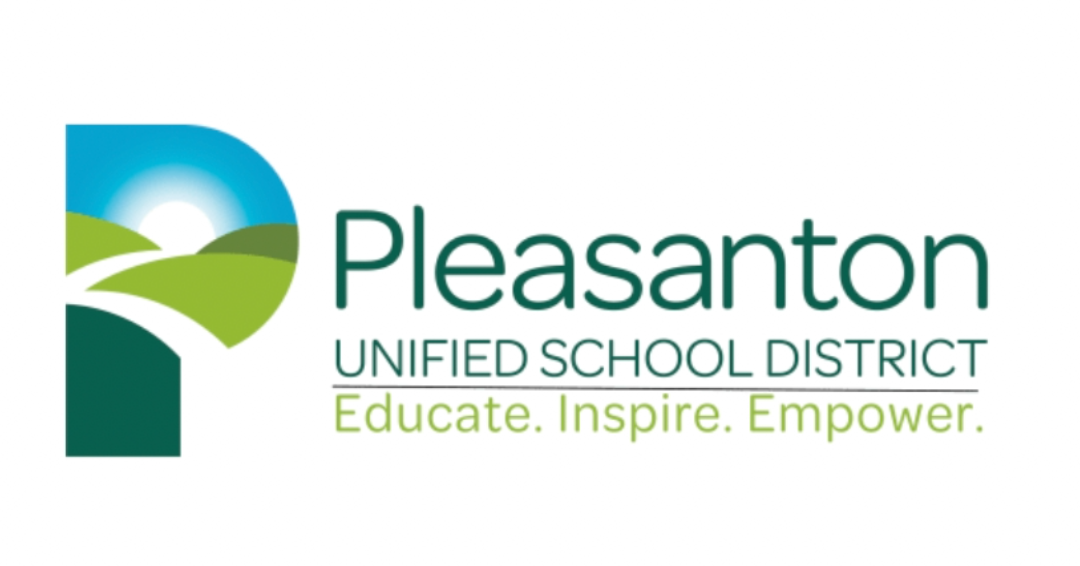 Logo for Pleasanton Unified School District featuring a stylized 'P' with hills and sun, and tagline 'Educate. Inspire. Empower.'