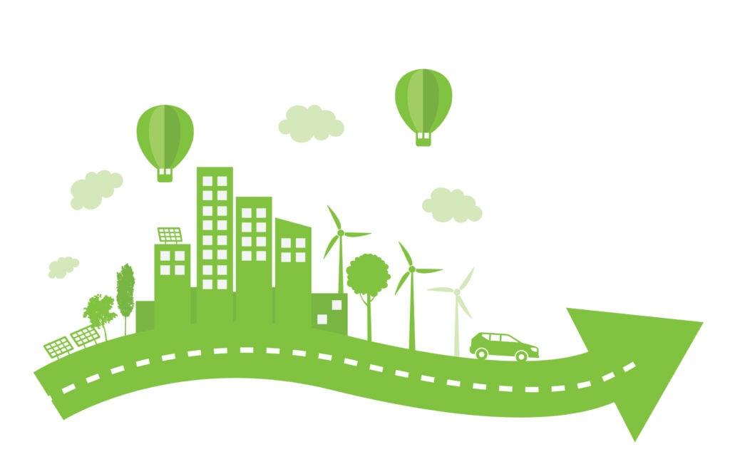 Illustrated green silhouette of sustainable city with renewable energy, buildings, hot air balloons, and electric car on arrow-shaped road
