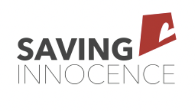 Black and red logo for Saving Innocence organization with stylized text and abstract geometric shape