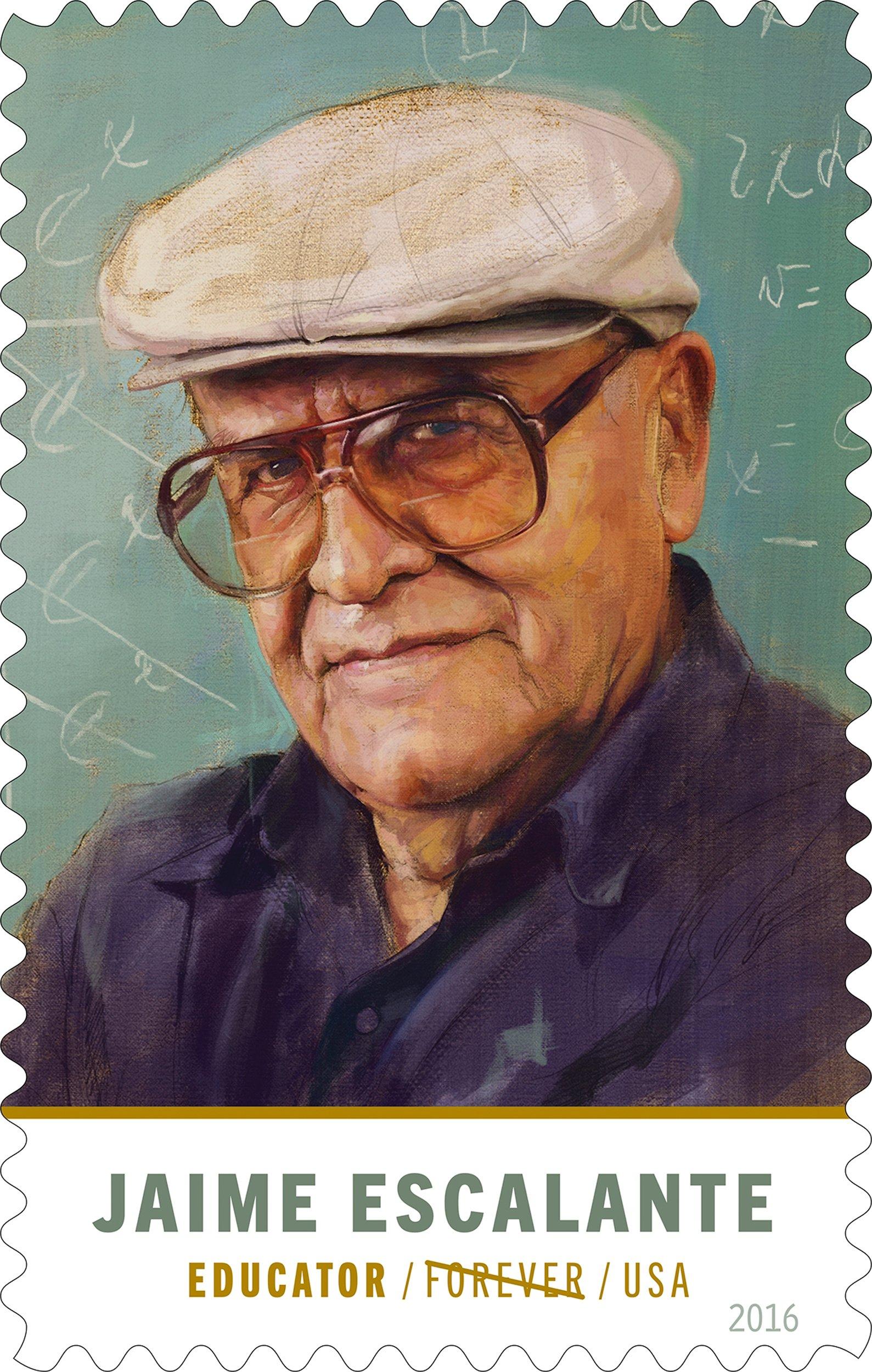 Commemorative US postage stamp featuring artistic portrait of educator Jaime Escalante wearing glasses and flat cap against green background