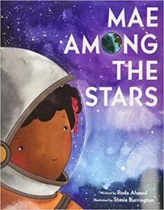 Children's book cover showing young astronaut in helmet against starry background with Earth visible through title lettering