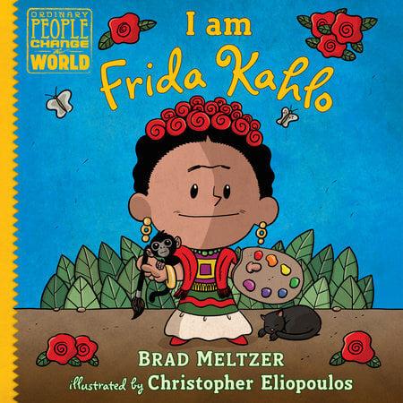 Cartoon-style children's book cover featuring an artistic figure with red flowers in hair, holding a paint palette, with a monkey and cat