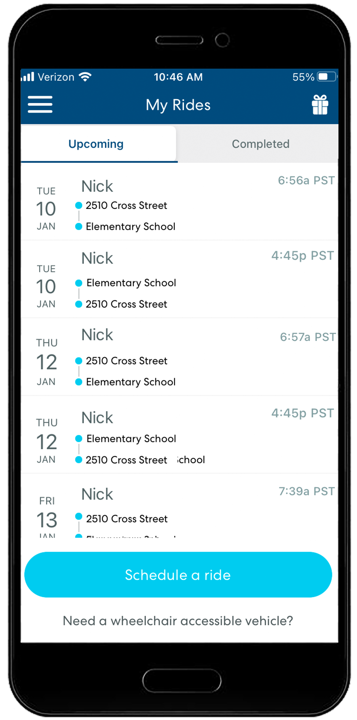 Mobile app screen showing upcoming rides schedule between home and elementary school with times and dates listed