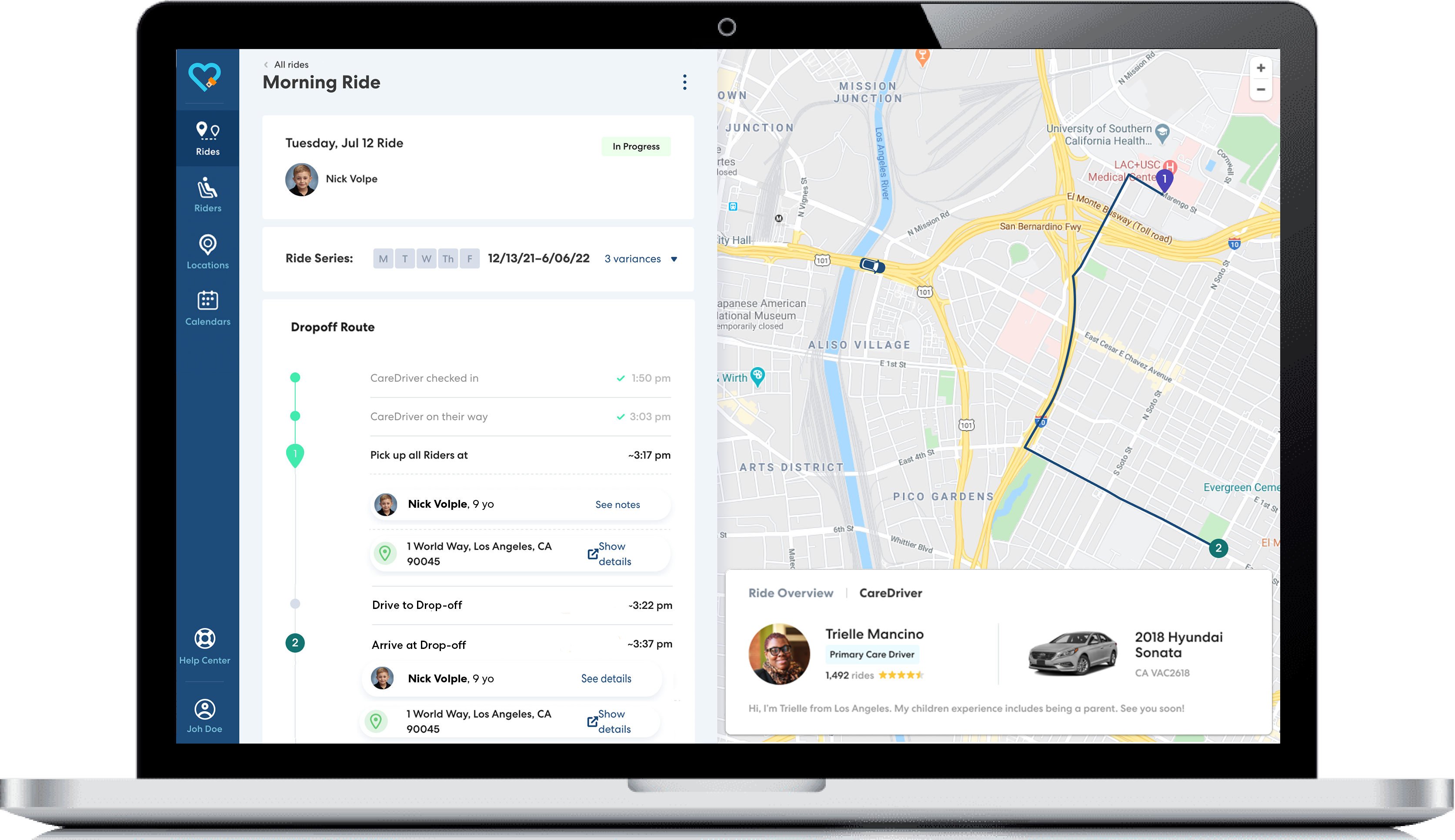 Screenshot of a ride-sharing application showing a morning ride route in Los Angeles with driver details and pickup timeline