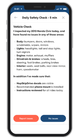Mobile app screenshot showing a daily vehicle safety checklist with inspection points and status buttons