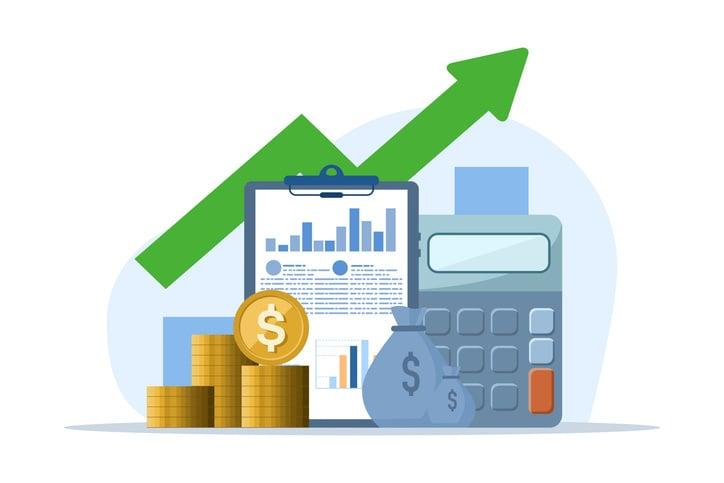 Illustration showing upward trend arrow, stacked coins, clipboard with charts, calculator, and money bags representing financial growth